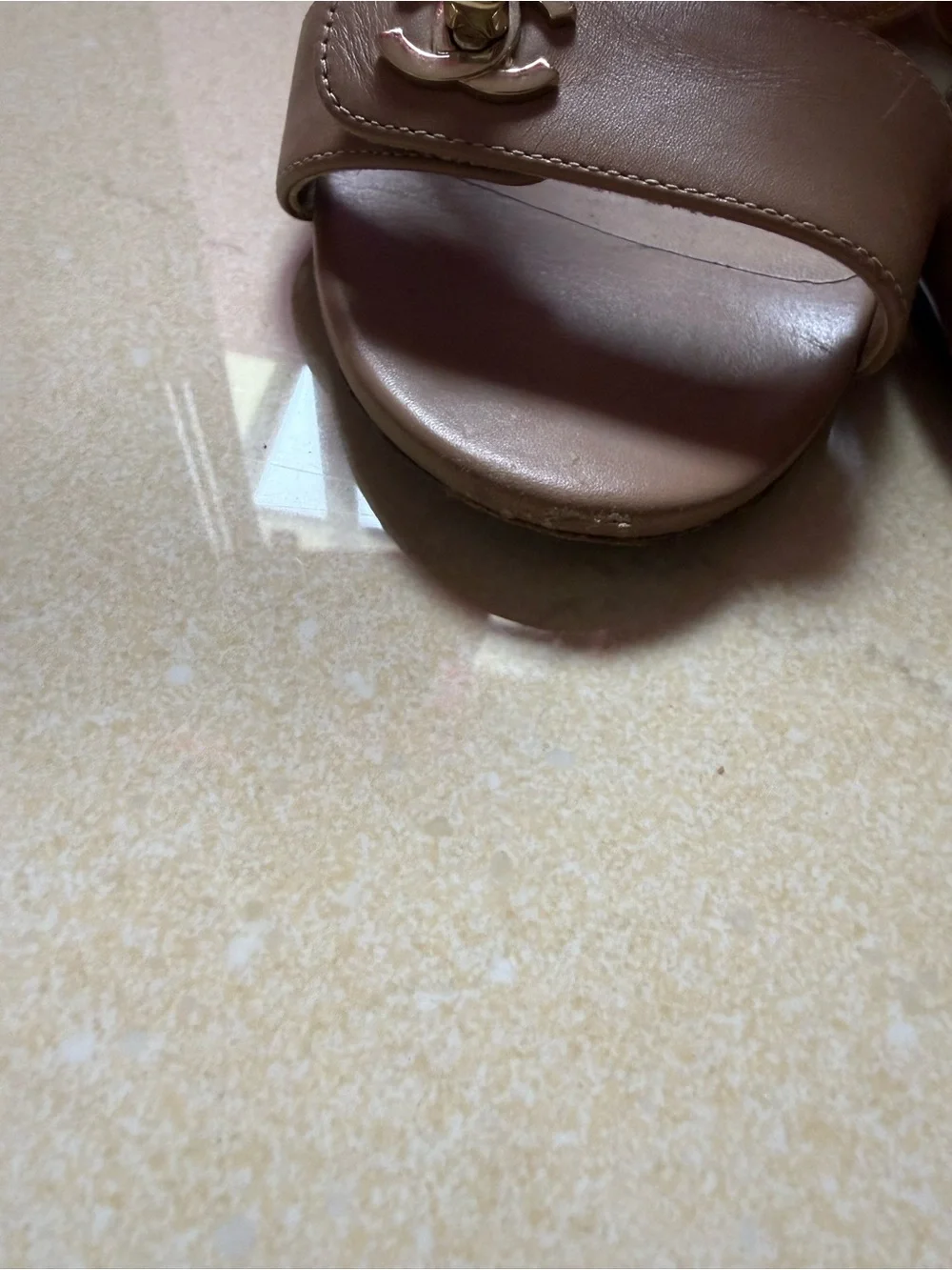 CHANEL Tan Triple-Strap Slingback Sandals with Gold CC Hardware